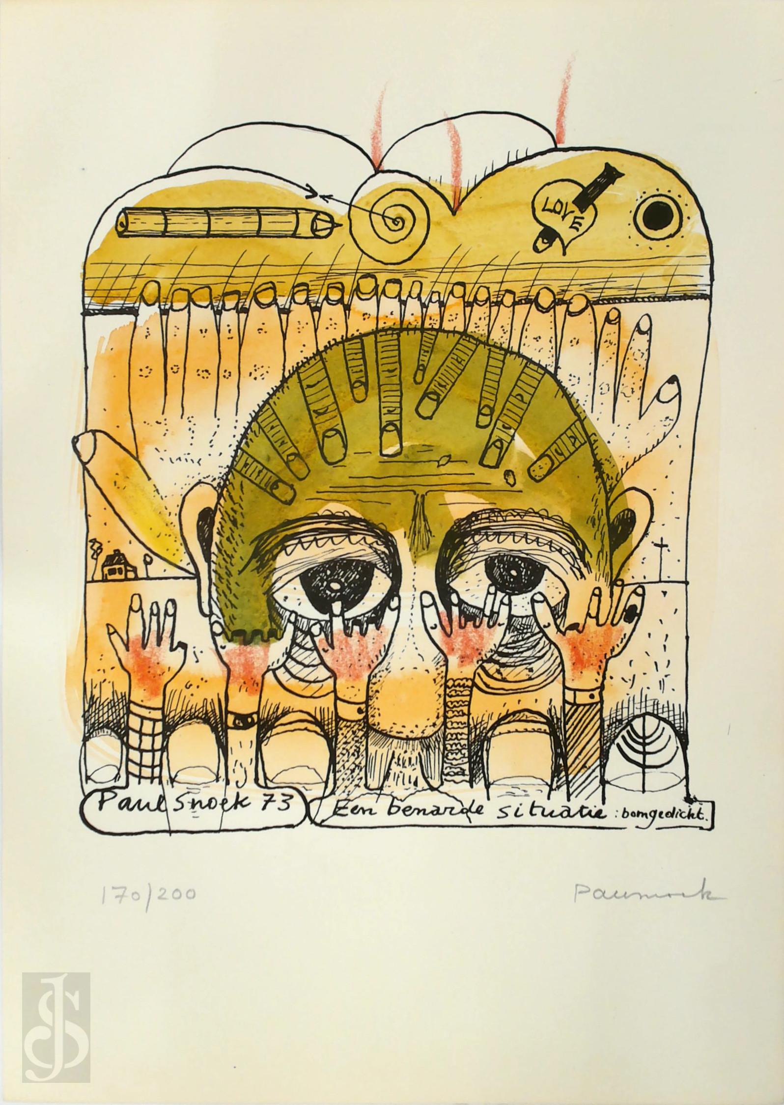SNOEK, Paul - Paul Snoek - Een benarde situatie : bomgedicht. Originele met de hand ingekleurde litho