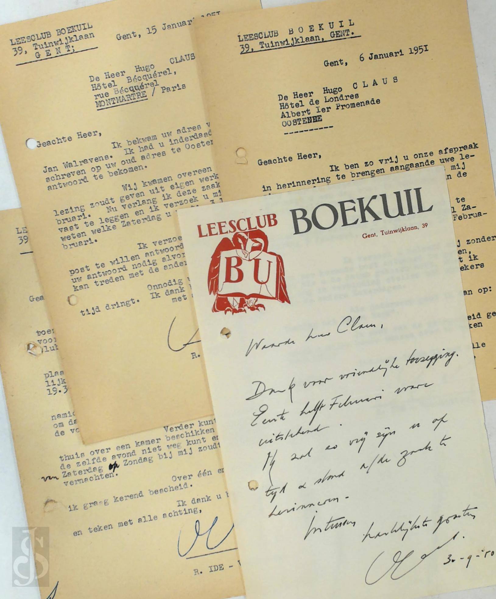 IDE, Ren - Ren Ide - 4 briefjes aan Hugo Claus (1950/51). 1 handgeschreven en 3 getypte brieven m.b.t. Leesclub Boekuil, Claus eerste lezing in Gent