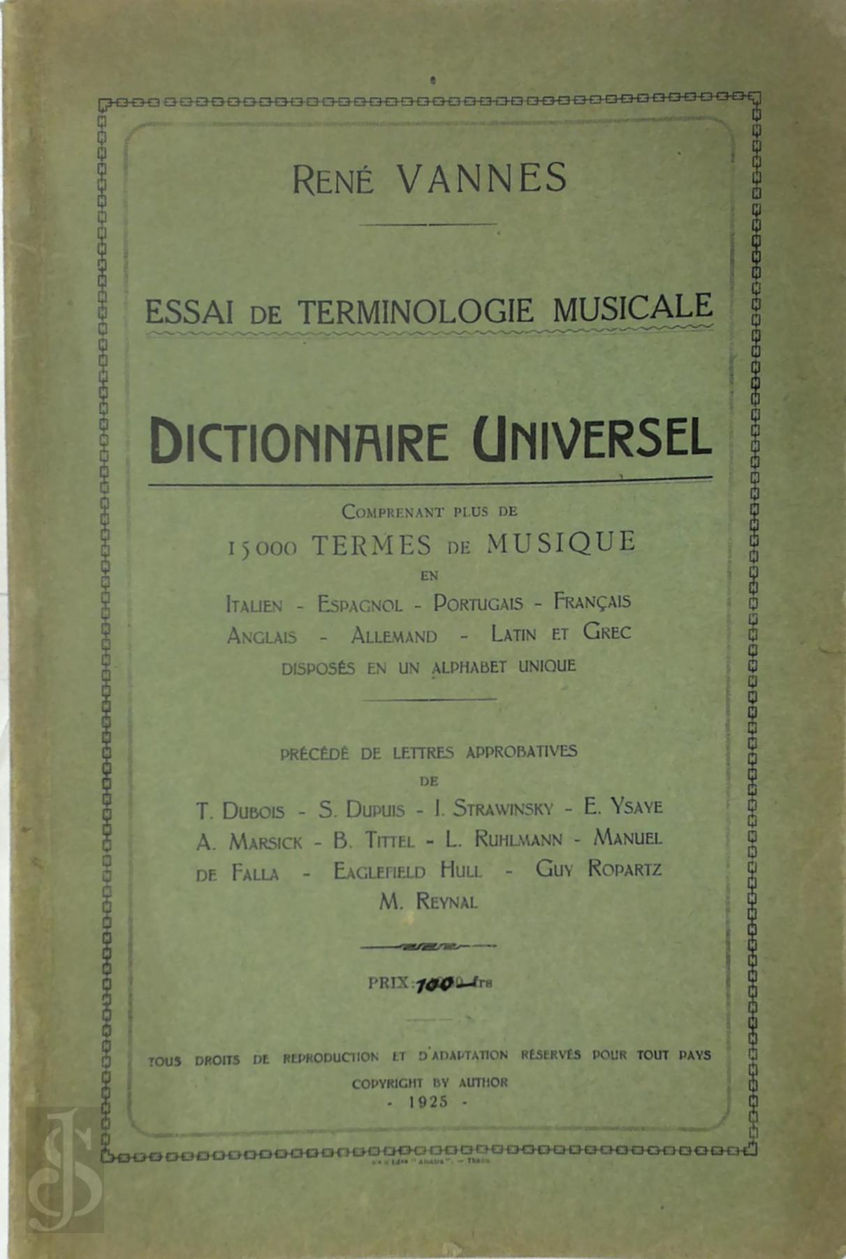 Ren Vannes 183181 - Essai de Terminologie Musicale / Dictionnaire Universel