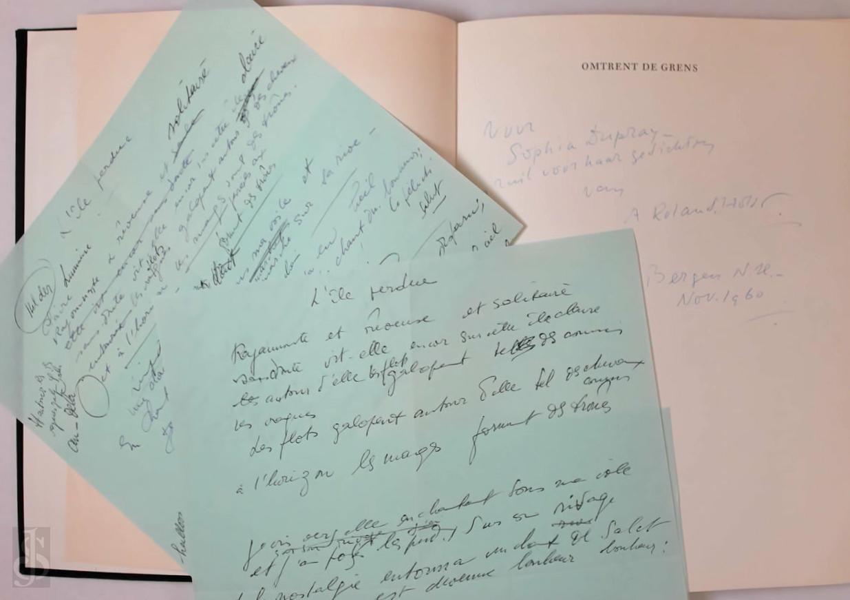 Adrianus Roland Holst 212365, Sophia Dupray 301859 - Omtrent de grens [met opdracht aan en handschriften van de vertaalster Sophia Dupray]