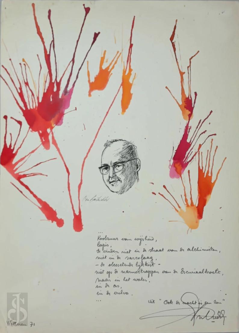 BONTRIDDER, Albert - Albert Bontridder / Olga Dohnalova - [Koolzuur van wijsheid...]. Origineel gellustreerd handschrift, gedicht uit 'Ook de nacht is een zon'