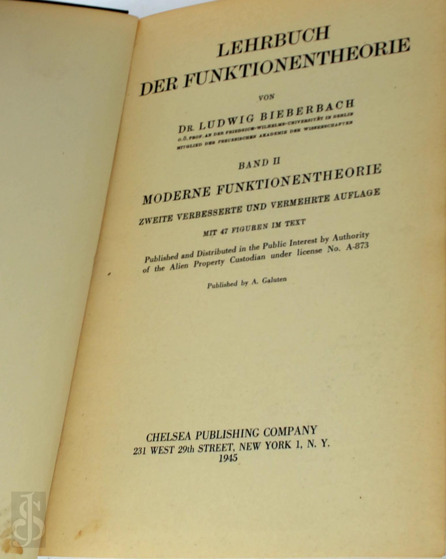 Ludwig Bieberbach 326005 - Lehrbuch der Funktionentheorie. Vol. II