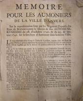 UNKNOWN - Memoire pour les aumoniers de la ville d'Anvers sur la representation faite par les seigneurs deputs des etats de Brabant contre le decret de son altesse serenissime du 28. d'octobre 1740. & du 20. de janvier 1741 sur la fonction d'aumonier dans la mme