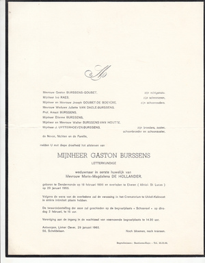 Gaston Burssens - rouwbrief / overlijdensbericht - BURSSENS, Gaston