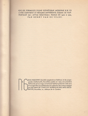 Les formules d'une esthétique moderne - Henry VAN DE Velde Les formules d'une esthétique moderne - Henry VAN DE Velde