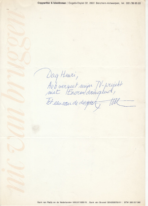 Van Bruggen aan H.Fl. Jespers - Briefje TV project - VAN BRUGGEN, Nic