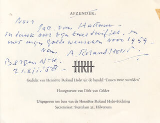 Adriaan ROLAND-HOLST aan Jac. VAN HATTUM – Handgeschreven bedankkaartje - ROLAND-HOLST, Adriaan