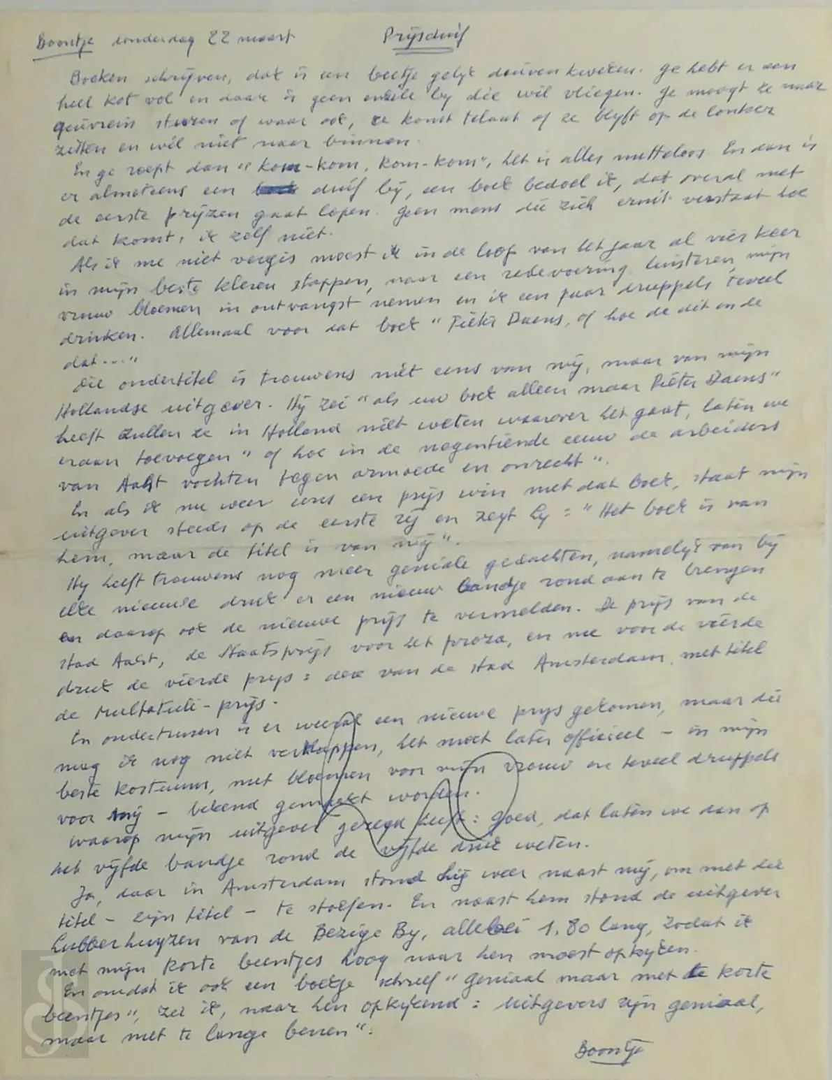 L.P. Boon - Prijsduif [handgeschreven BOONTJE]. - BOON, Louis Paul 1